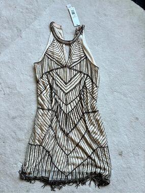 Parker Beaded DRESS  100% SILK UNDERNEATH in Cream & Brown Size Medium NWT